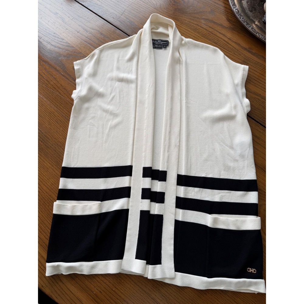 Salvatore Ferragamo Womens Knit Cardigan Vest Cream Black Striped Size S Italy
